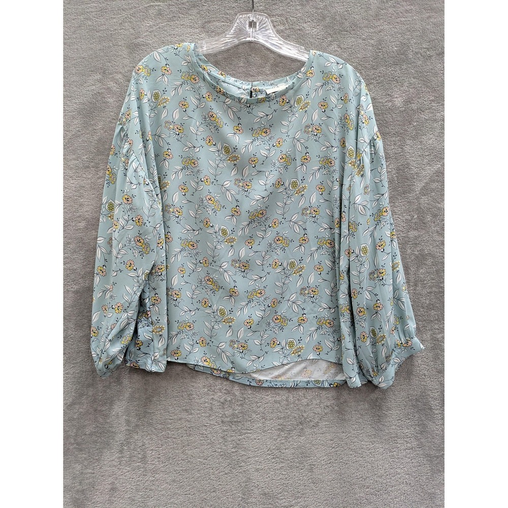 LOFT Blouse Womens Large Blue Floral Balloon Sleeve Round Neck Woven Top - Picture 1 of 7